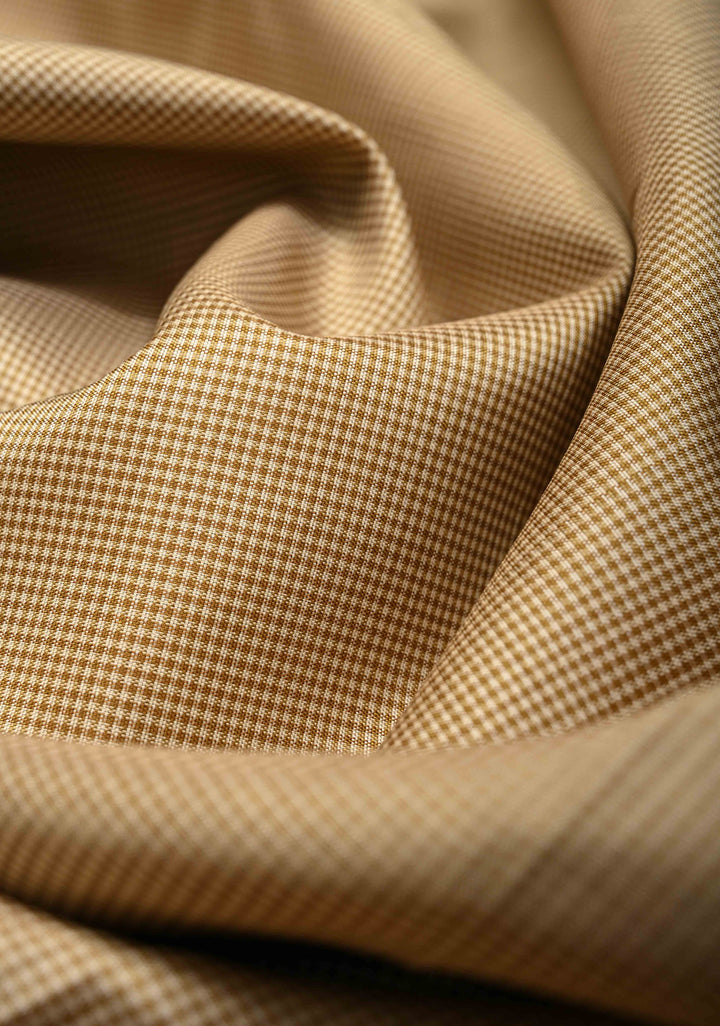 Beige-Khaki Color Gingham Checks on Kanchi Soft Silk Saree with Rudraksha Motifs and Veldhari Weave on Contrast Korvai Zari Border | SILK MARK CERTIFIED