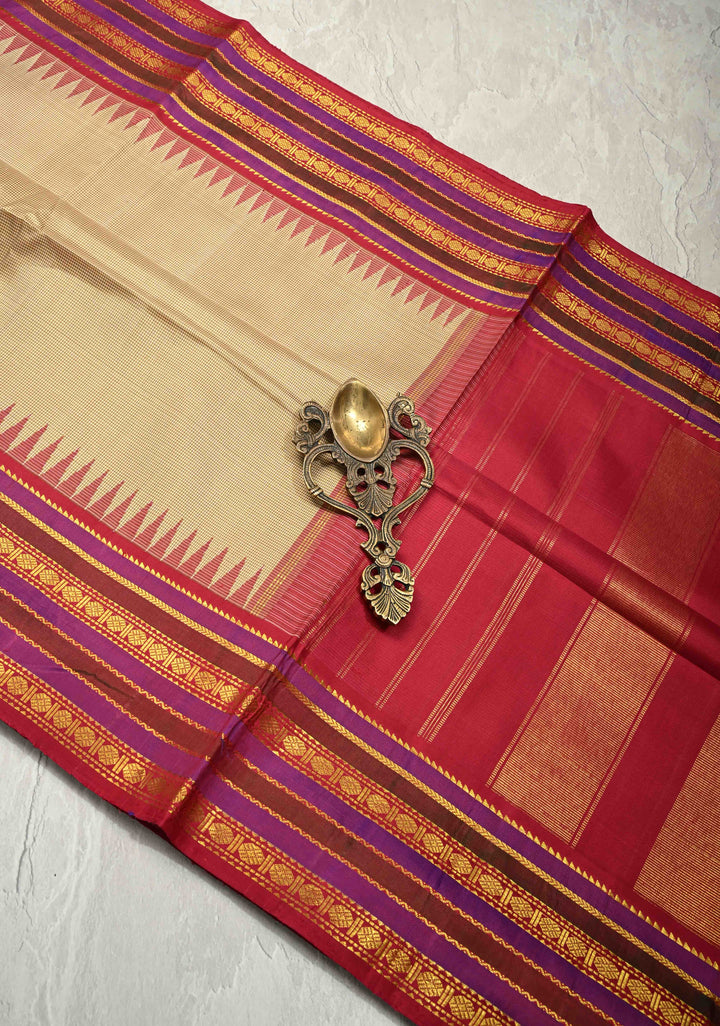 Beige-Khaki Color Gingham Checks on Kanchi Soft Silk Saree with Rudraksha Motifs and Veldhari Weave on Contrast Korvai Zari Border | SILK MARK CERTIFIED