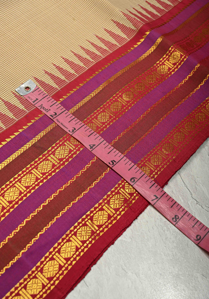 Beige-Khaki Color Gingham Checks on Kanchi Soft Silk Saree with Rudraksha Motifs and Veldhari Weave on Contrast Korvai Zari Border | SILK MARK CERTIFIED