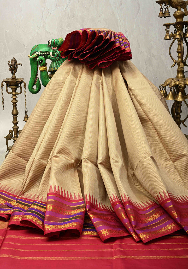 Beige-Khaki Color Gingham Checks on Kanchi Soft Silk Saree with Rudraksha Motifs and Veldhari Weave on Contrast Korvai Zari Border | SILK MARK CERTIFIED