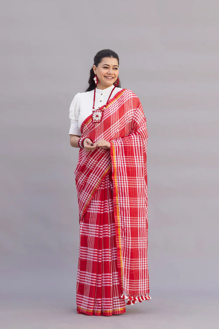 Handloom Red and White Check Mulmul Saree | SHOBITAM