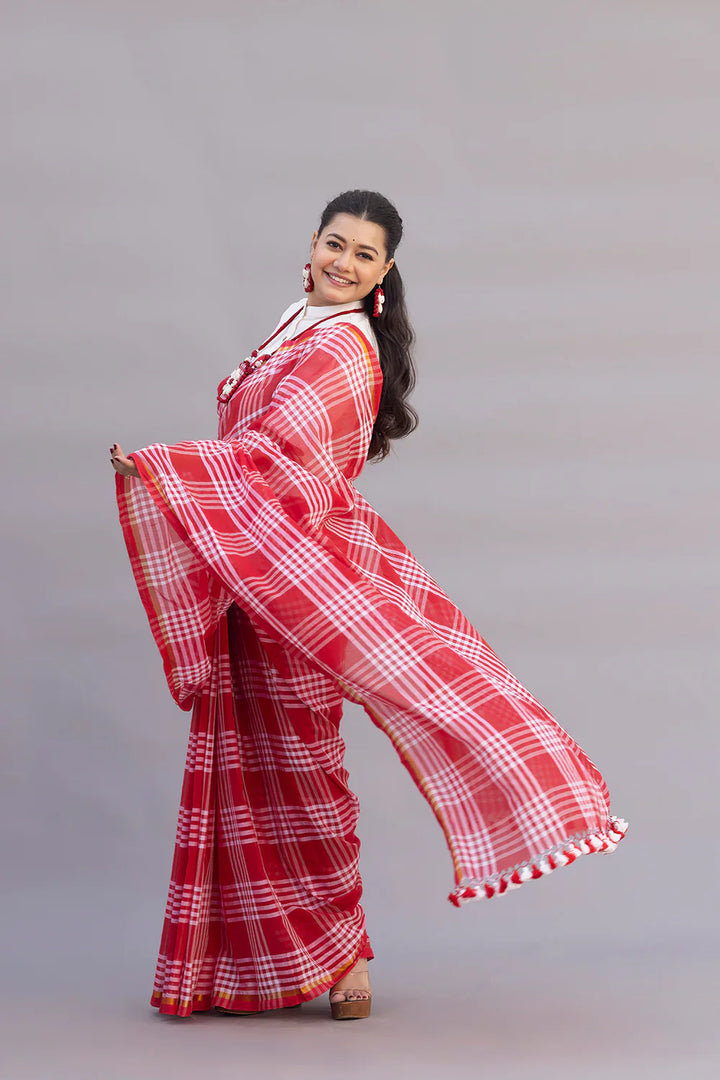 Handloom Red and White Check Mulmul Saree | SHOBITAM