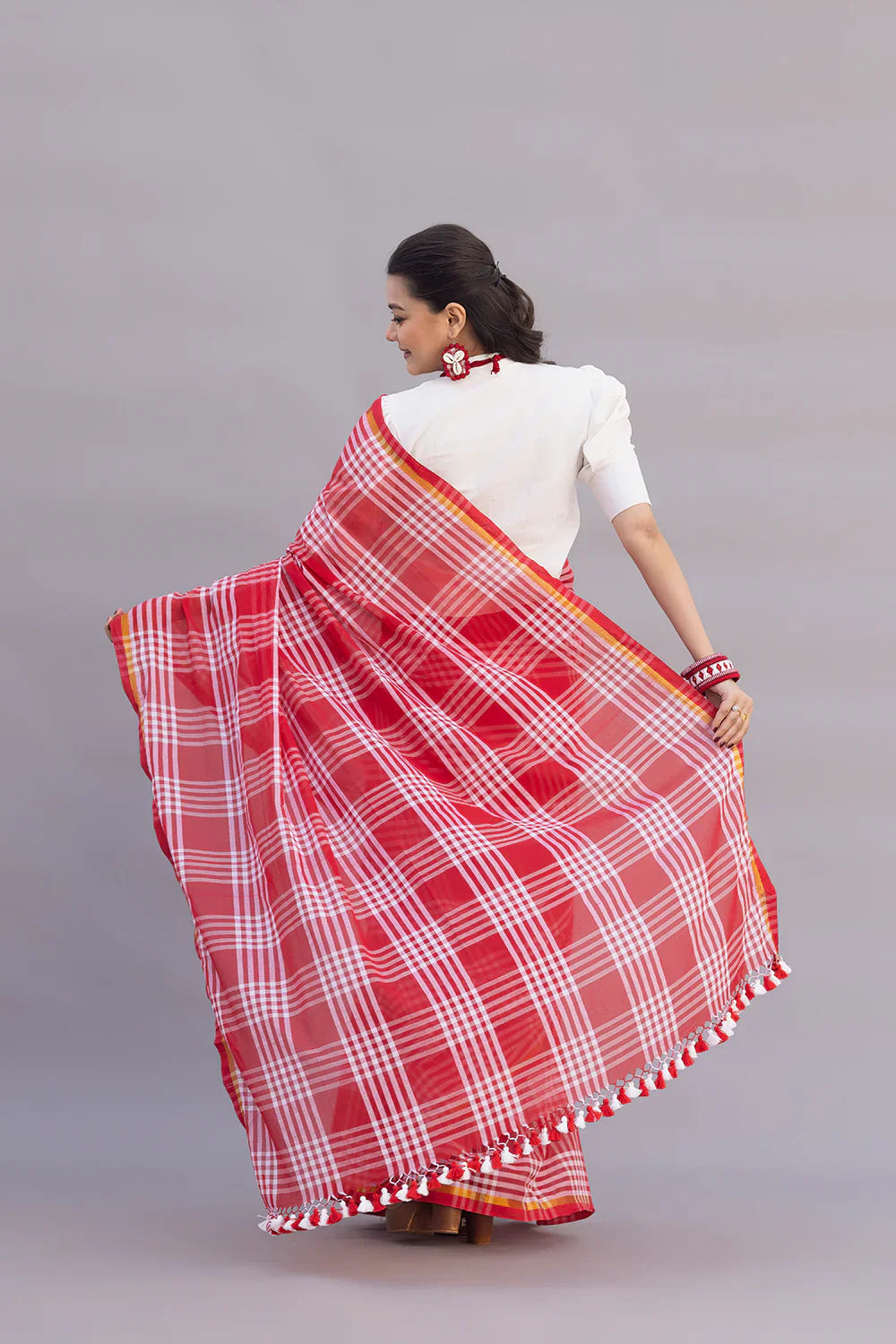 Handloom Red and White Check Mulmul Saree | SHOBITAM