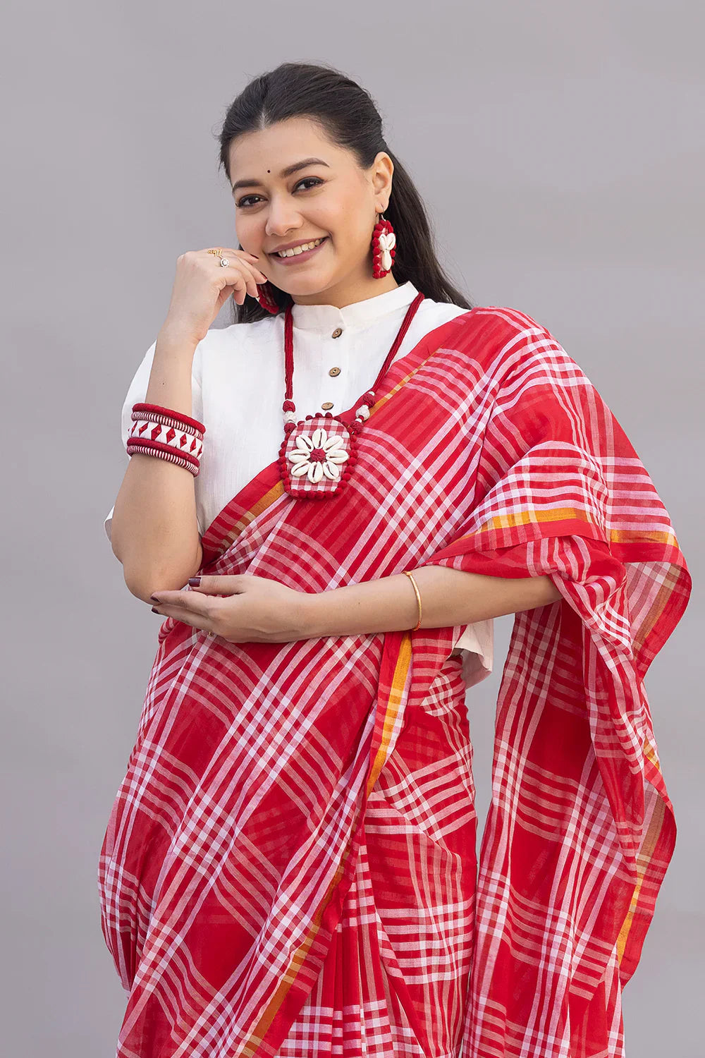 Handloom Red and White Check Mulmul Saree | SHOBITAM