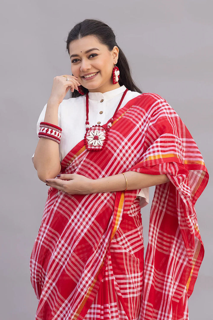 Handloom Red and White Check Mulmul Saree | SHOBITAM
