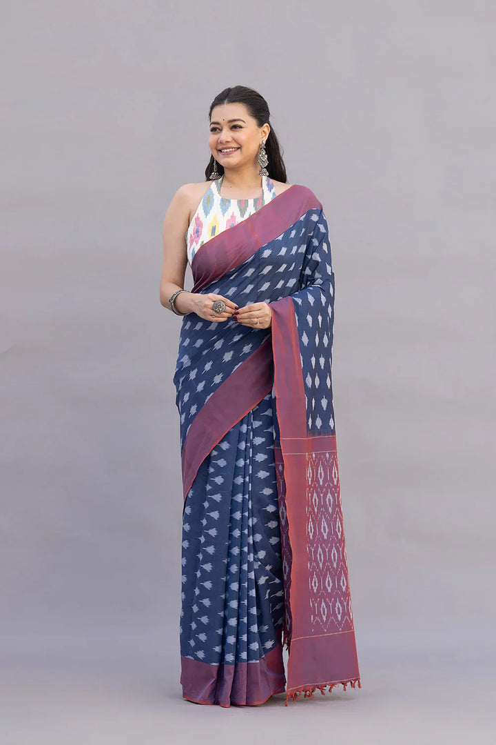 Handloom Blue Cotton Silk Ikkat Woven Saree | SHOBITAM