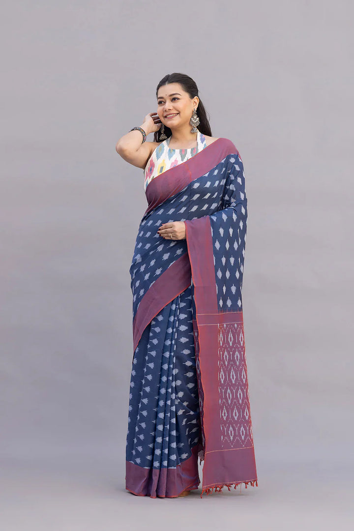 Handloom Blue Cotton Silk Ikkat Woven Saree | SHOBITAM