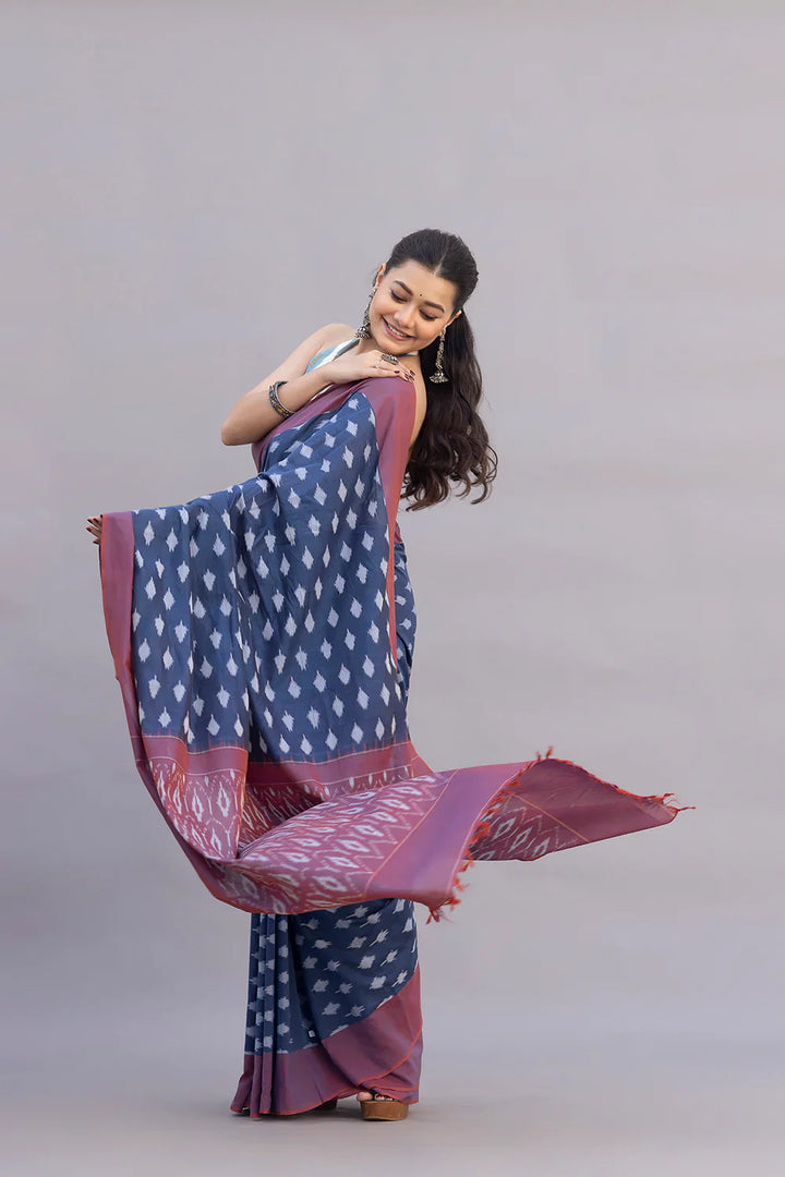 Handloom Blue Cotton Silk Ikkat Woven Saree | SHOBITAM