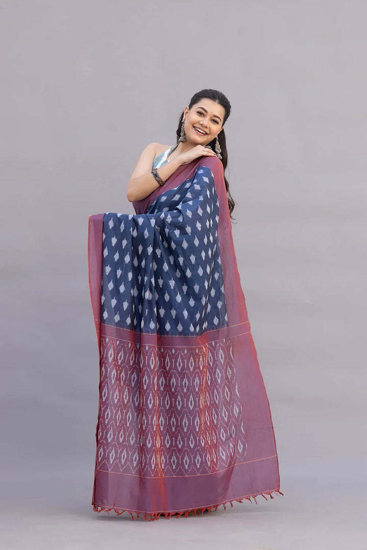 Handloom Blue Cotton Silk Ikkat Woven Saree | SHOBITAM