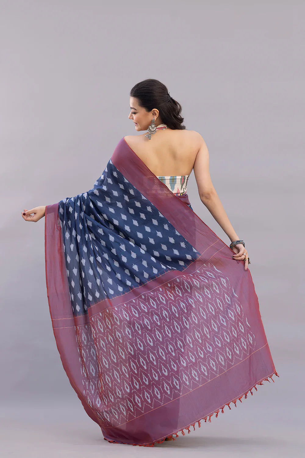 Handloom Blue Cotton Silk Ikkat Woven Saree | SHOBITAM