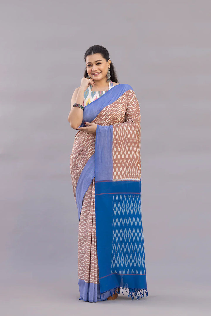 Handloom Beige Ikkat Cotton SIlk Saree | SHOBITAM