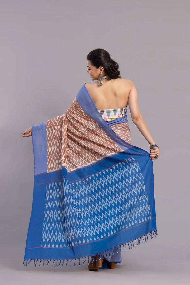 Handloom Beige Ikkat Cotton SIlk Saree | SHOBITAM