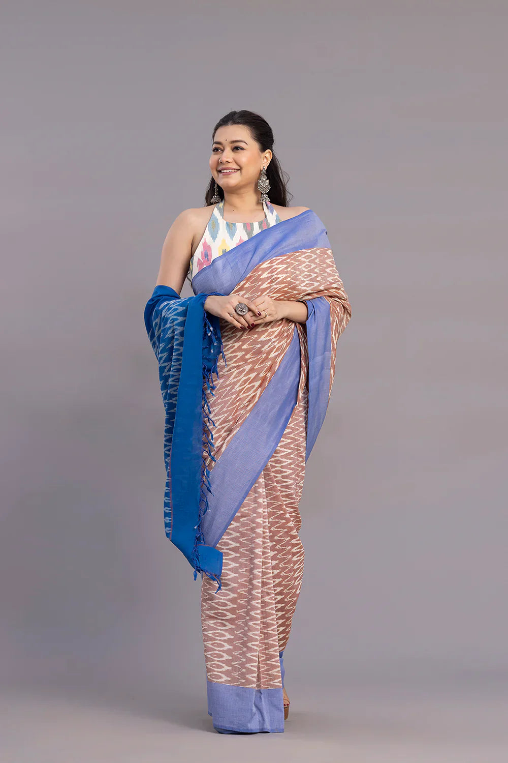 Handloom Beige Ikkat Cotton SIlk Saree | SHOBITAM