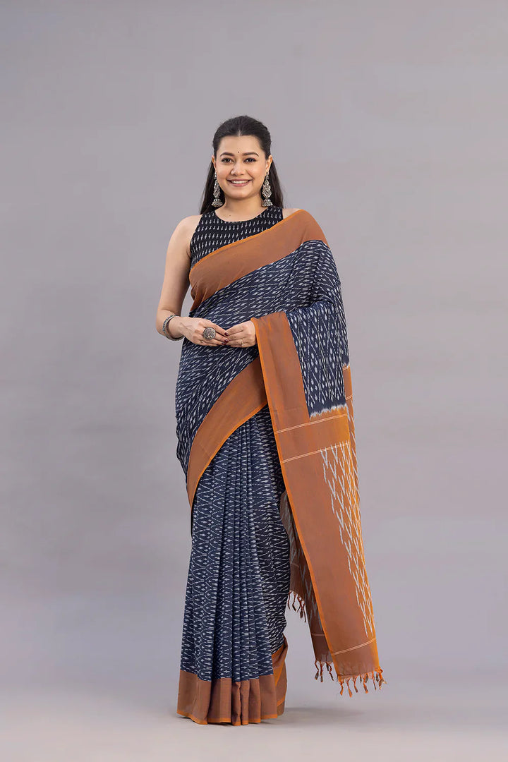 Handloom Grey Ikkat Cotton SIlk Saree | SHOBITAM