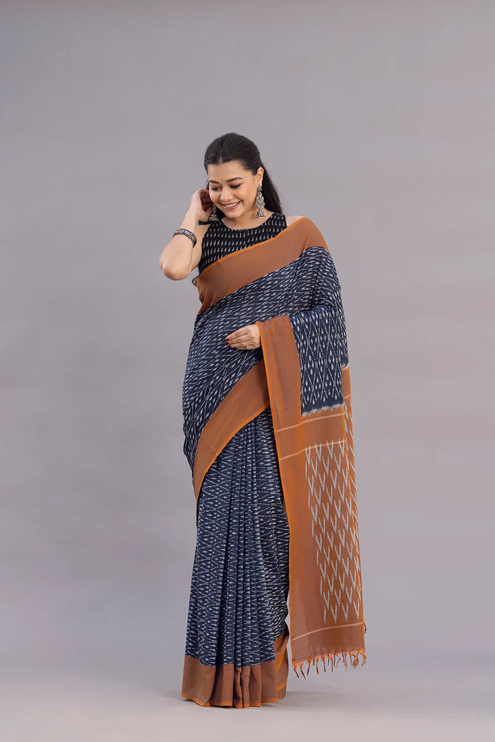 Handloom Grey Ikkat Cotton SIlk Saree | SHOBITAM