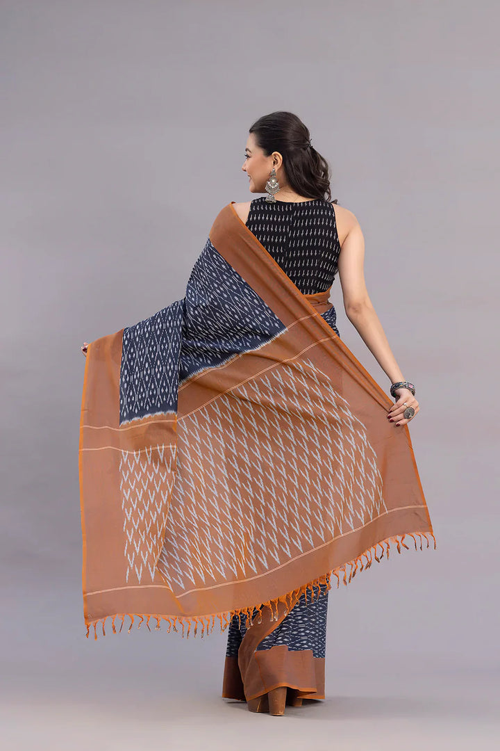 Handloom Grey Ikkat Cotton SIlk Saree | SHOBITAM