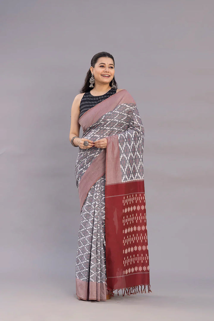 Handloom Grey Ikkat Cotton SIlk Saree | SHOBITAM