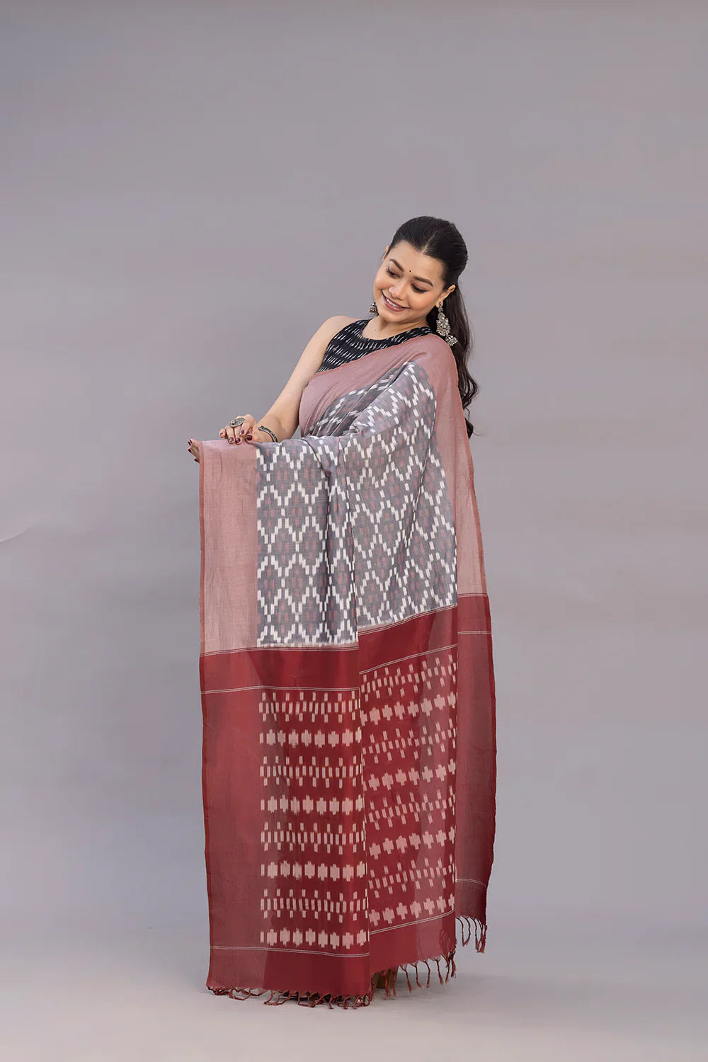Handloom Grey Ikkat Cotton SIlk Saree | SHOBITAM