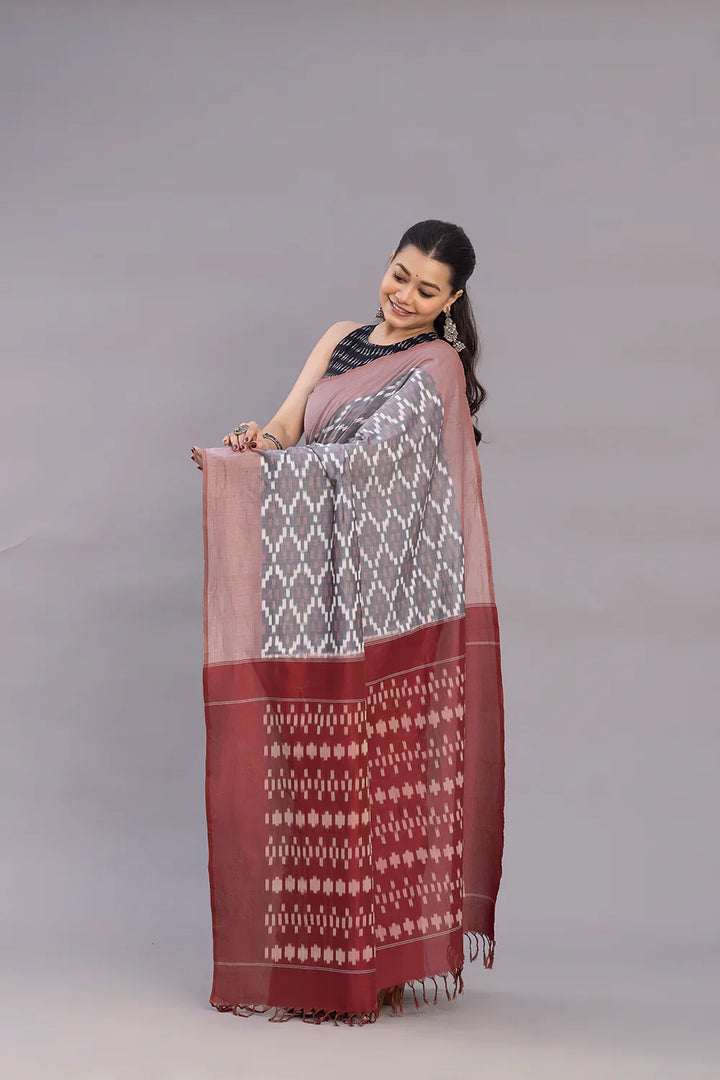 Handloom Grey Ikkat Cotton SIlk Saree | SHOBITAM