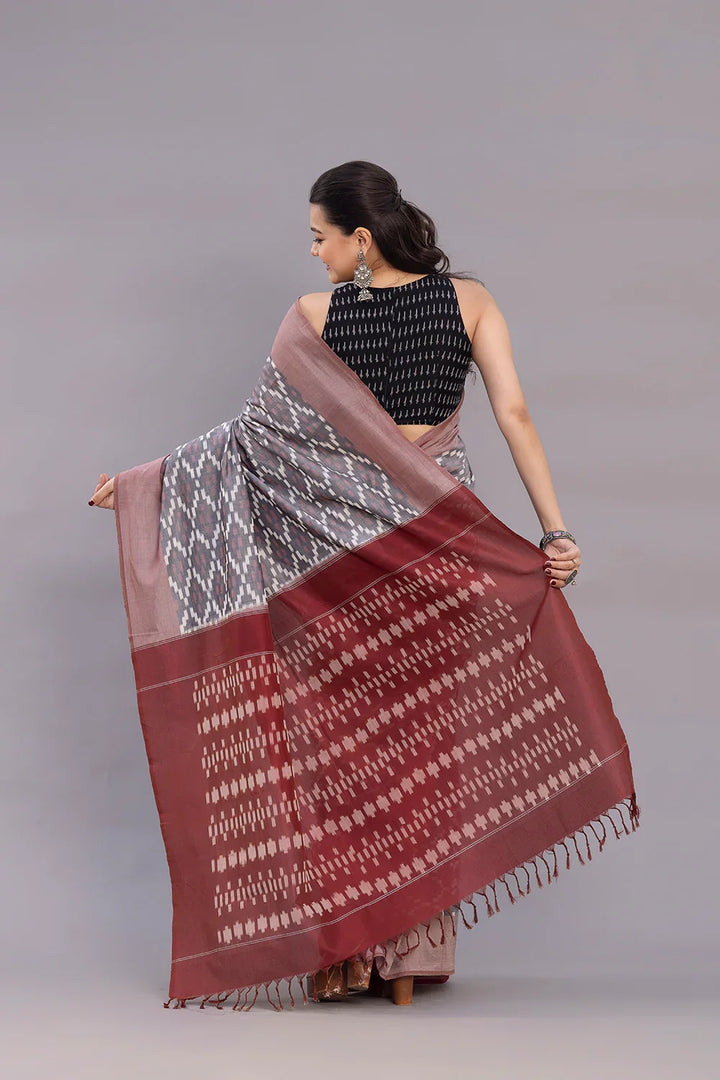 Handloom Grey Ikkat Cotton SIlk Saree | SHOBITAM