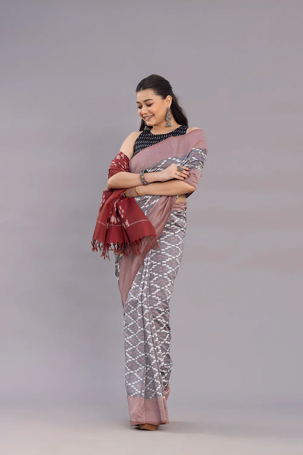 Handloom Grey Ikkat Cotton SIlk Saree | SHOBITAM