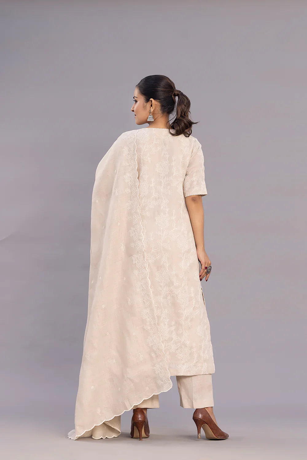 Beige Linen Emnbriodered Kurta Set With Dupatta | SHOBITAM