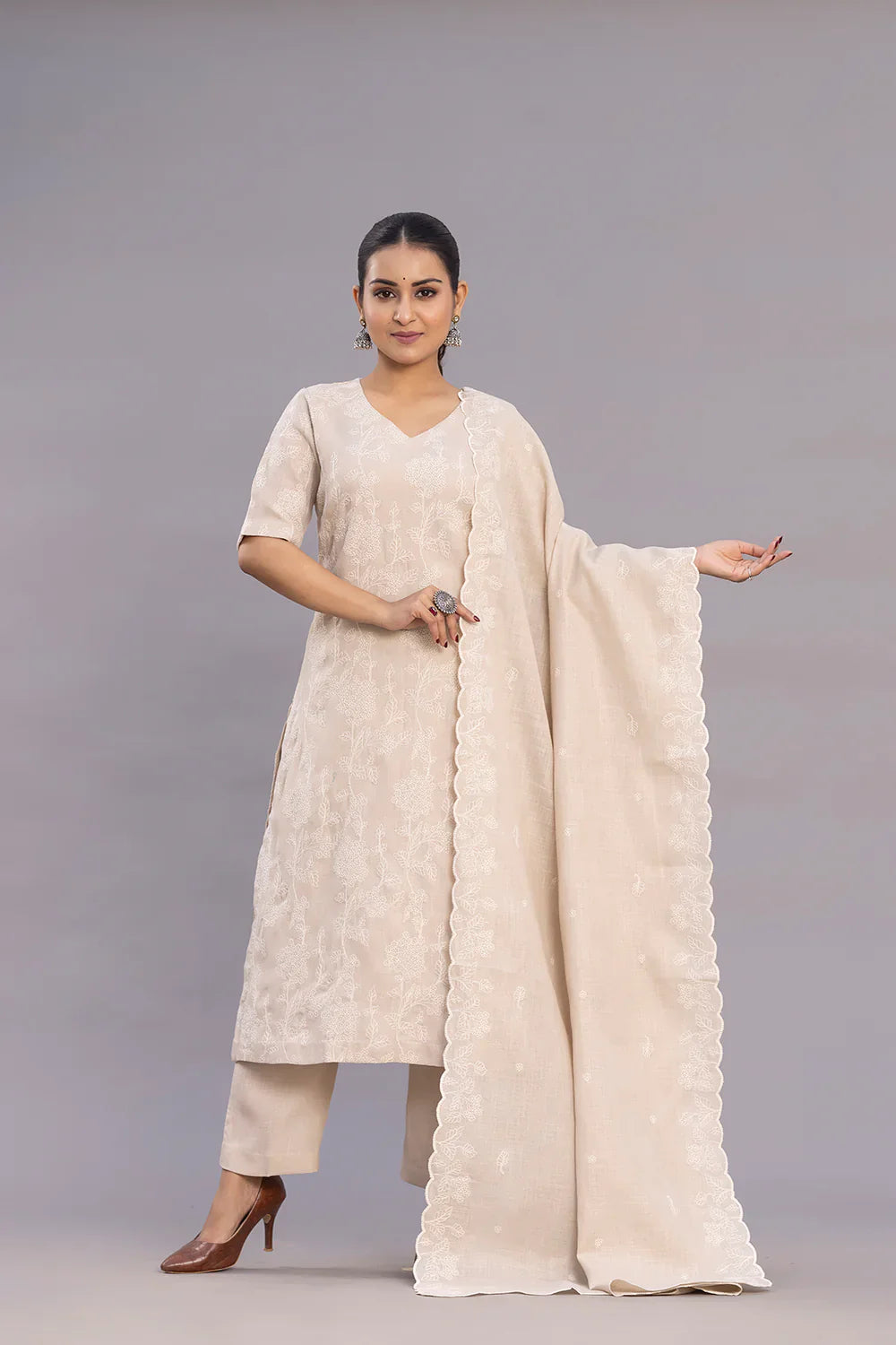 Beige Linen Emnbriodered Kurta Set With Dupatta | SHOBITAM