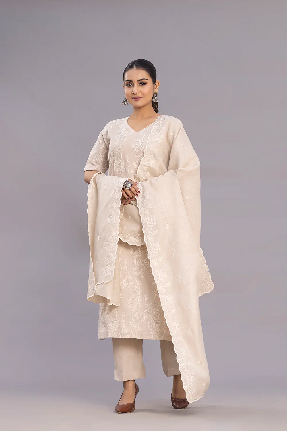 Beige Linen Emnbriodered Kurta Set With Dupatta | SHOBITAM
