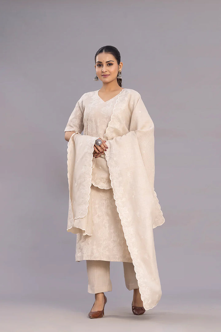 Beige Linen Emnbriodered Kurta Set With Dupatta | SHOBITAM