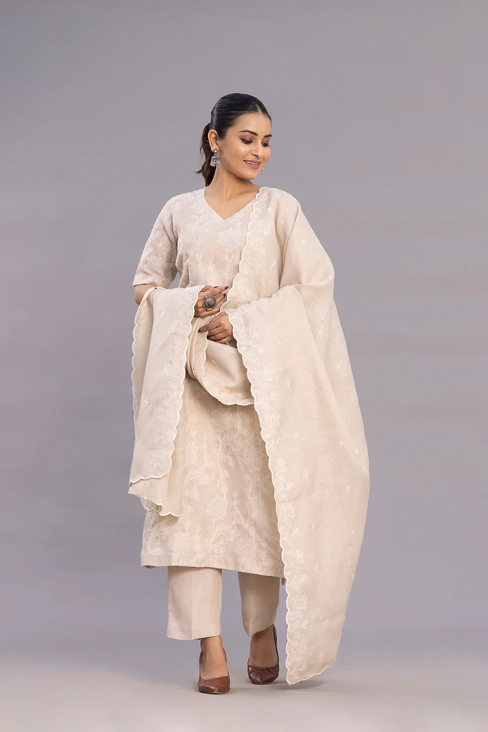 Beige Linen Emnbriodered Kurta Set With Dupatta | SHOBITAM
