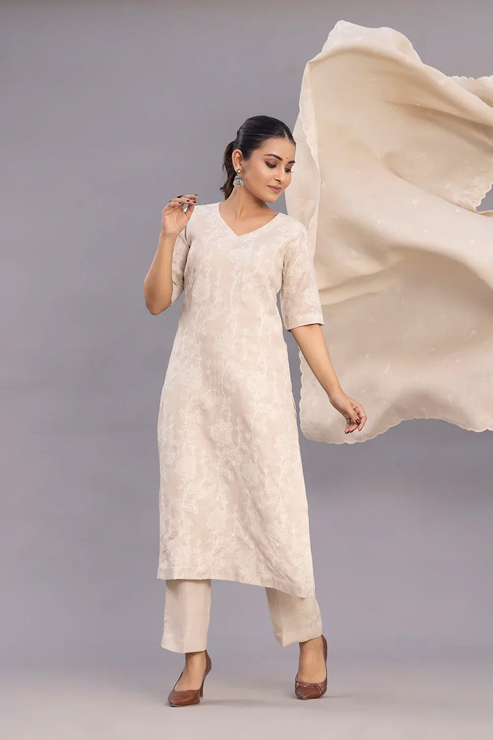 Beige Linen Emnbriodered Kurta Set With Dupatta | SHOBITAM