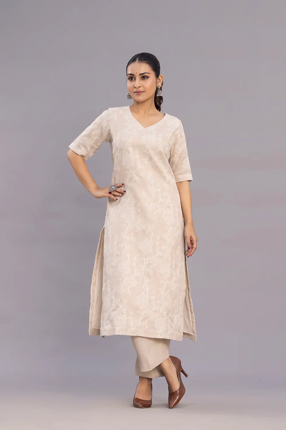 Beige Linen Emnbriodered Kurta Set With Dupatta | SHOBITAM