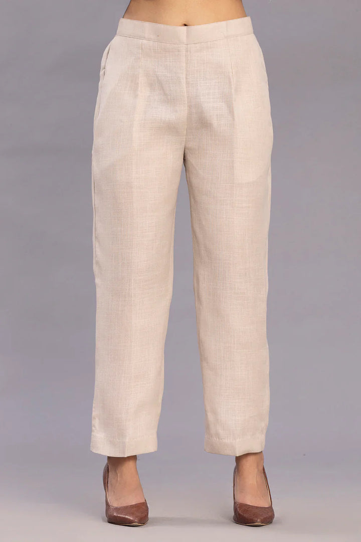 Beige Linen Emnbriodered Kurta Set With Dupatta | SHOBITAM