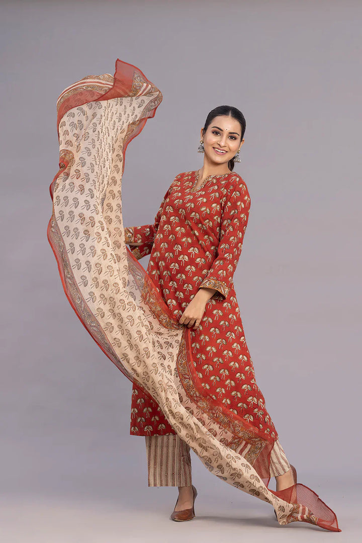 Maroon Hand Block Print Kurta Set With Dupatta | SHOBITAM