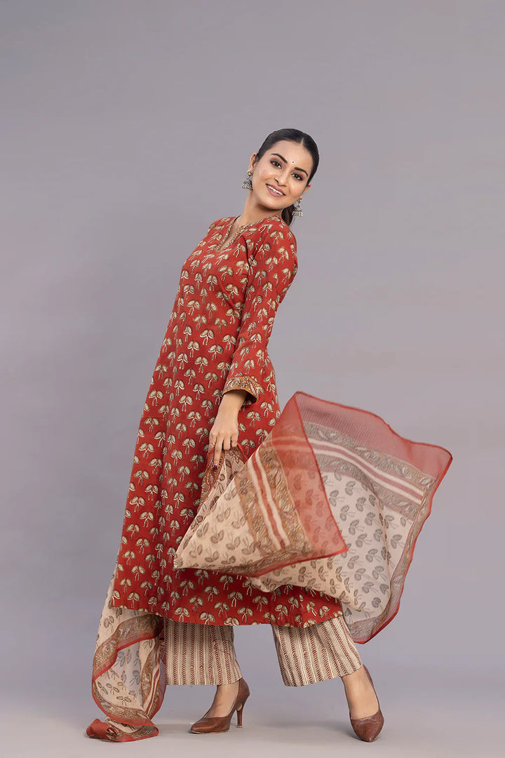 Maroon Hand Block Print Kurta Set With Dupatta | SHOBITAM