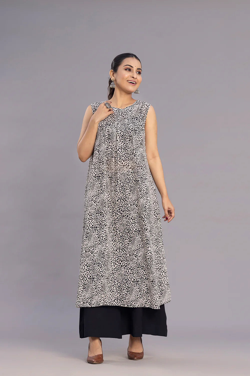Grey and Black Abstract Print A-Line Co-ord set | SHOBITAM