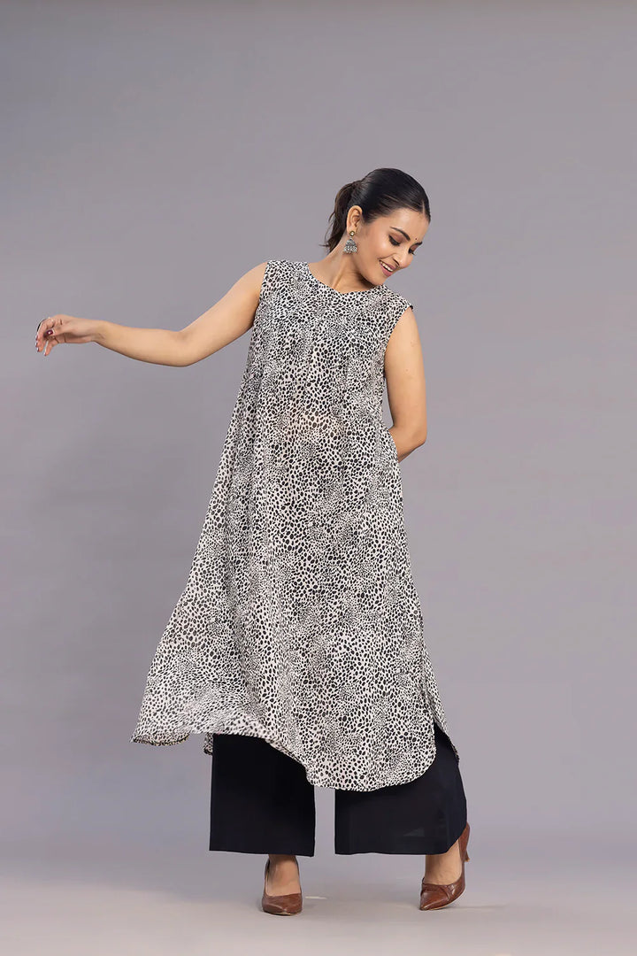 Grey and Black Abstract Print A-Line Co-ord set | SHOBITAM