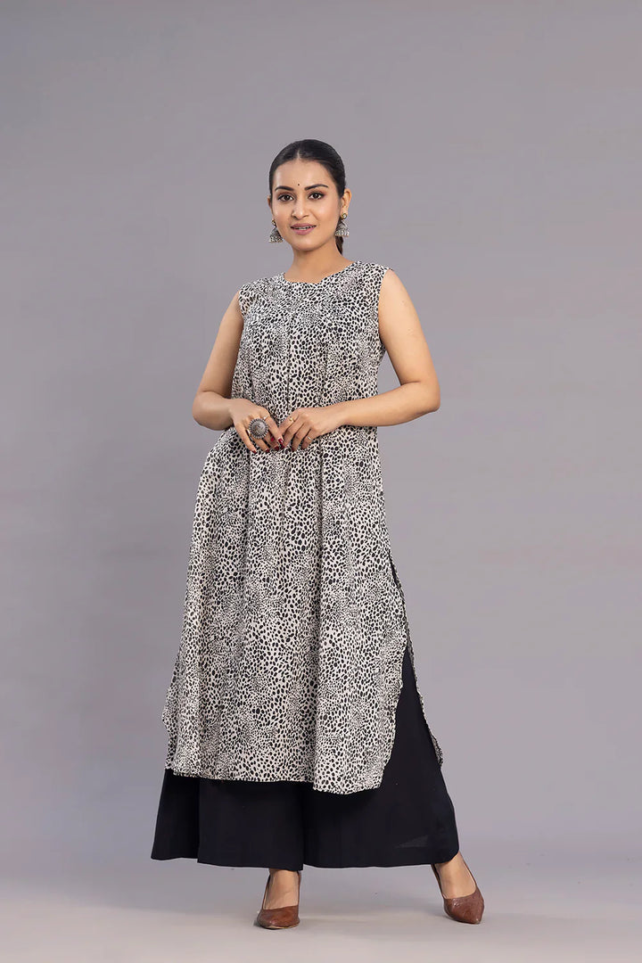 Grey and Black Abstract Print A-Line Co-ord set | SHOBITAM
