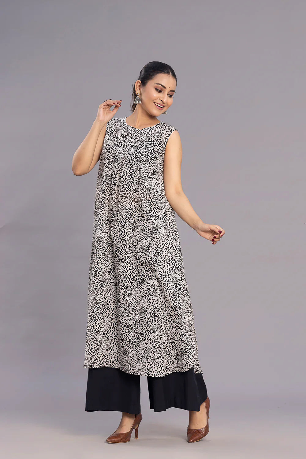 Grey and Black Abstract Print A-Line Co-ord set | SHOBITAM