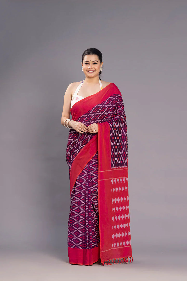 Handloom Burgundy Cotton Silk Ikkat Woven Saree | SHOBITAM