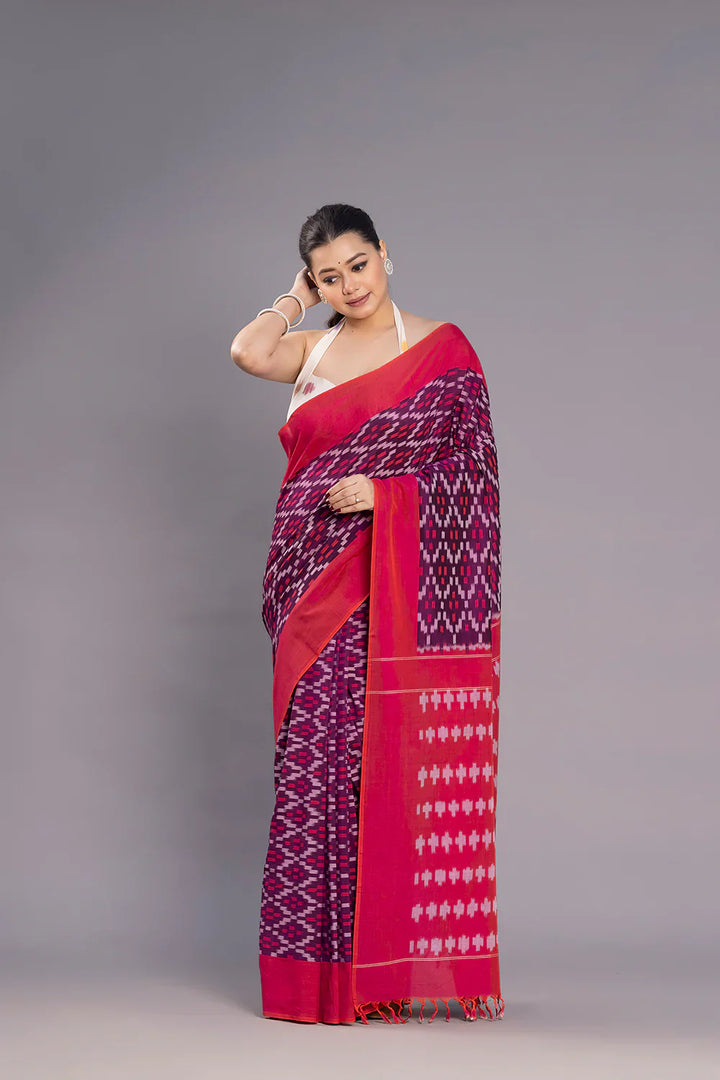 Handloom Burgundy Cotton Silk Ikkat Woven Saree | SHOBITAM