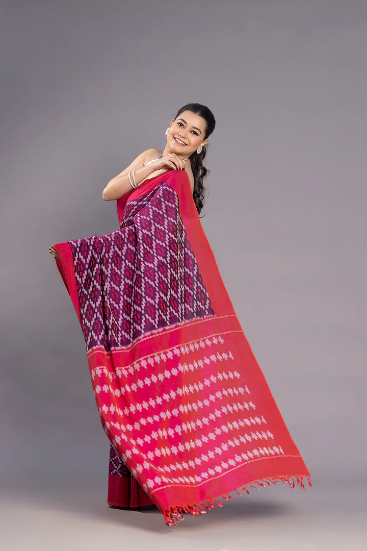 Handloom Burgundy Cotton Silk Ikkat Woven Saree | SHOBITAM