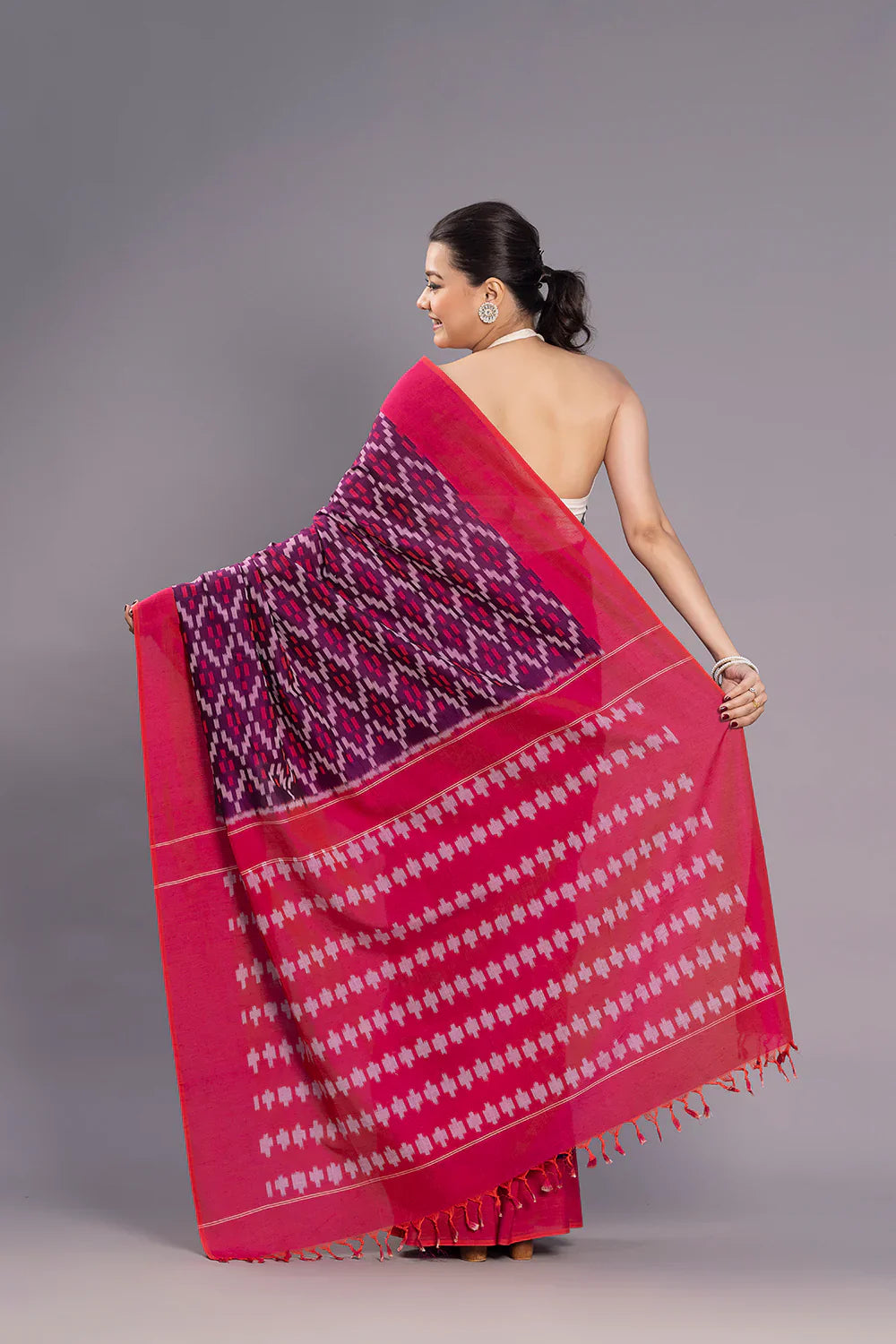 Handloom Burgundy Cotton Silk Ikkat Woven Saree | SHOBITAM