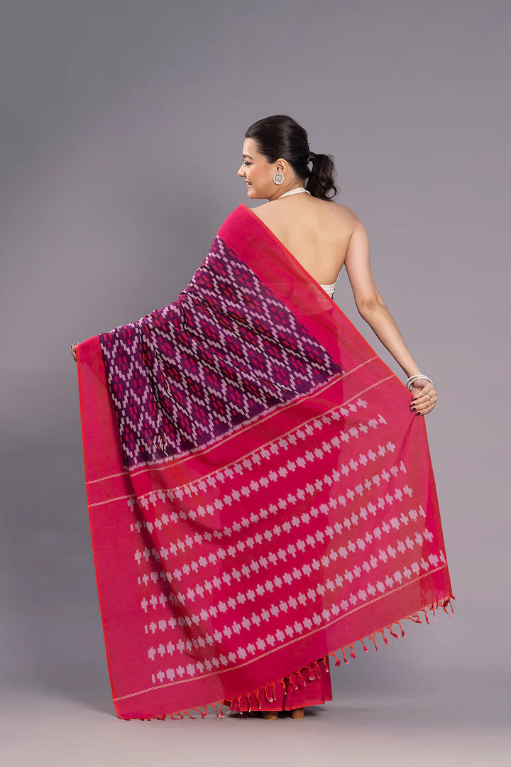 Handloom Burgundy Cotton Silk Ikkat Woven Saree | SHOBITAM