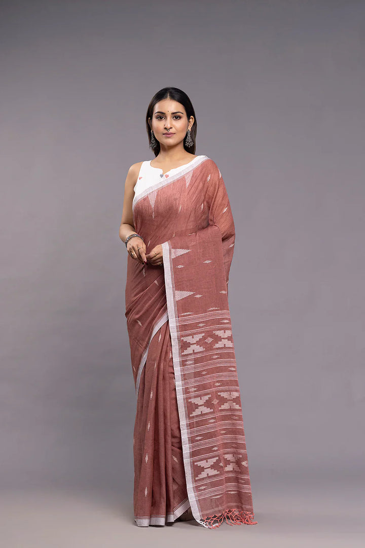 Handloom Coral Pink Soft Cotton Jamdani Saree | SHOBITAM