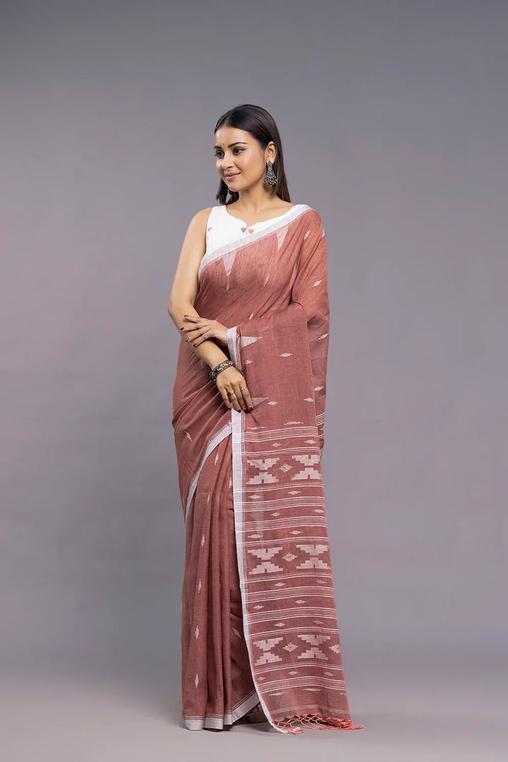 Handloom Coral Pink Soft Cotton Jamdani Saree | SHOBITAM