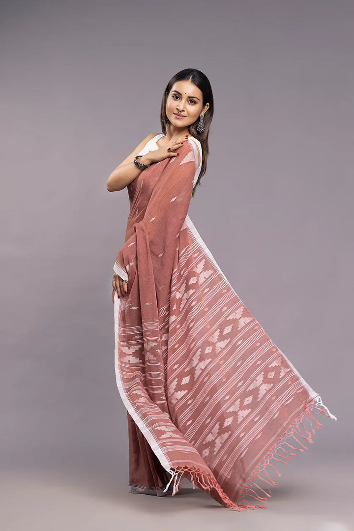 Handloom Coral Pink Soft Cotton Jamdani Saree | SHOBITAM