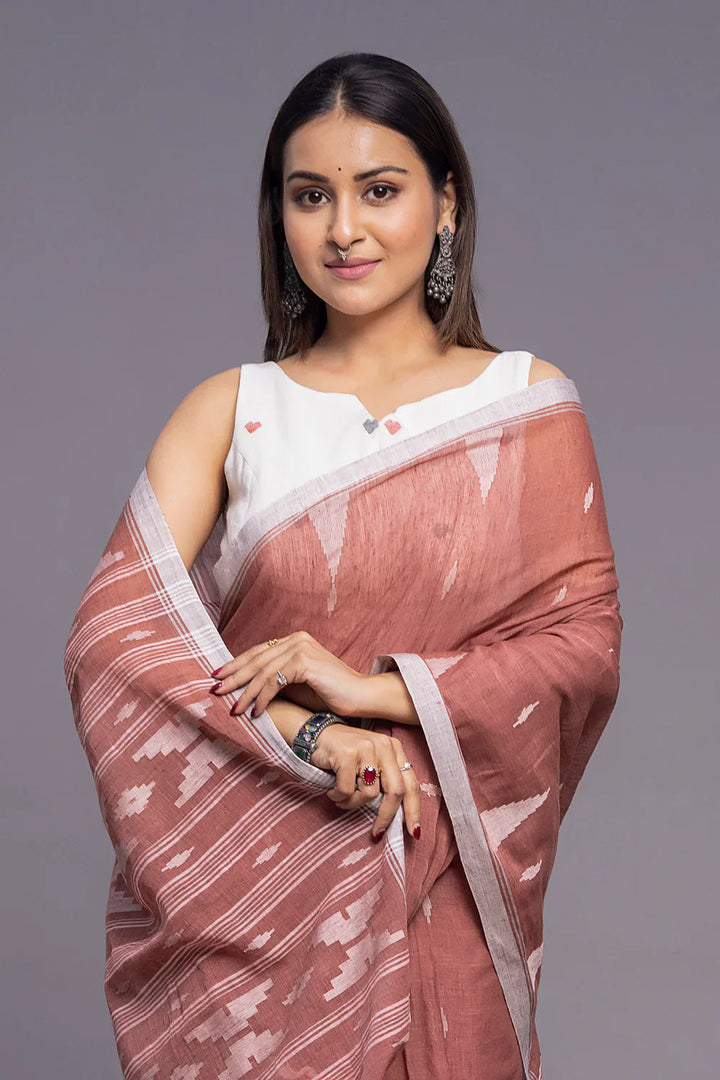 Handloom Coral Pink Soft Cotton Jamdani Saree | SHOBITAM