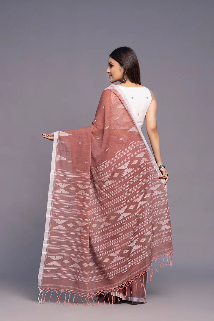 Handloom Coral Pink Soft Cotton Jamdani Saree | SHOBITAM