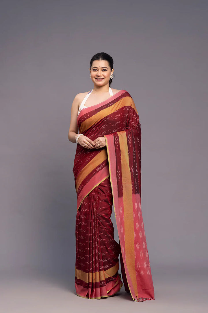 Handloom Brick Red Cotton Silk Ikkat Woven Saree | SHOBITAM